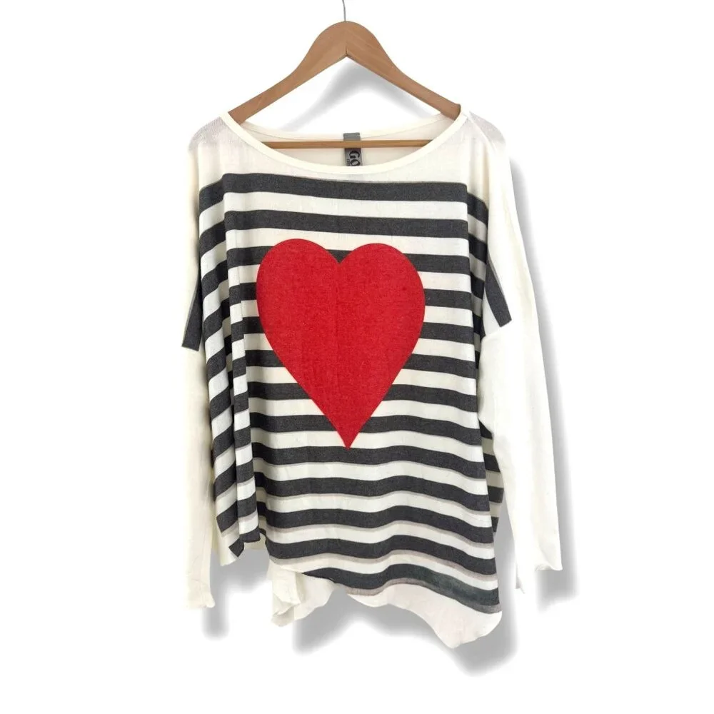 Oversized Heart Striped Asymmetrical Hem‎ Dolman Sweater Sweatshirt Size XL